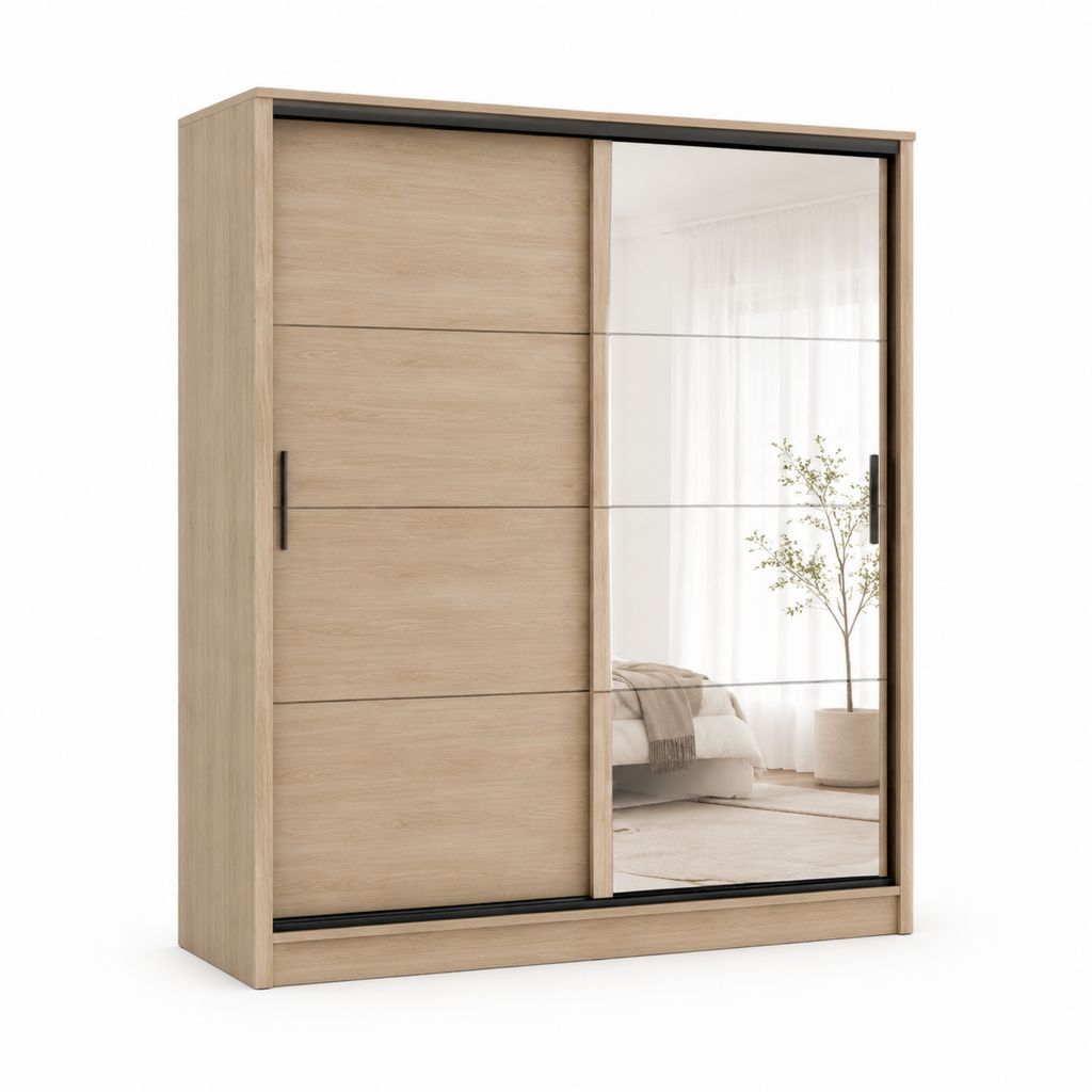 Armadio guardaroba a 2 ante scorrevoli rovere chiaro con specchio 200 x 60 x 180 cm