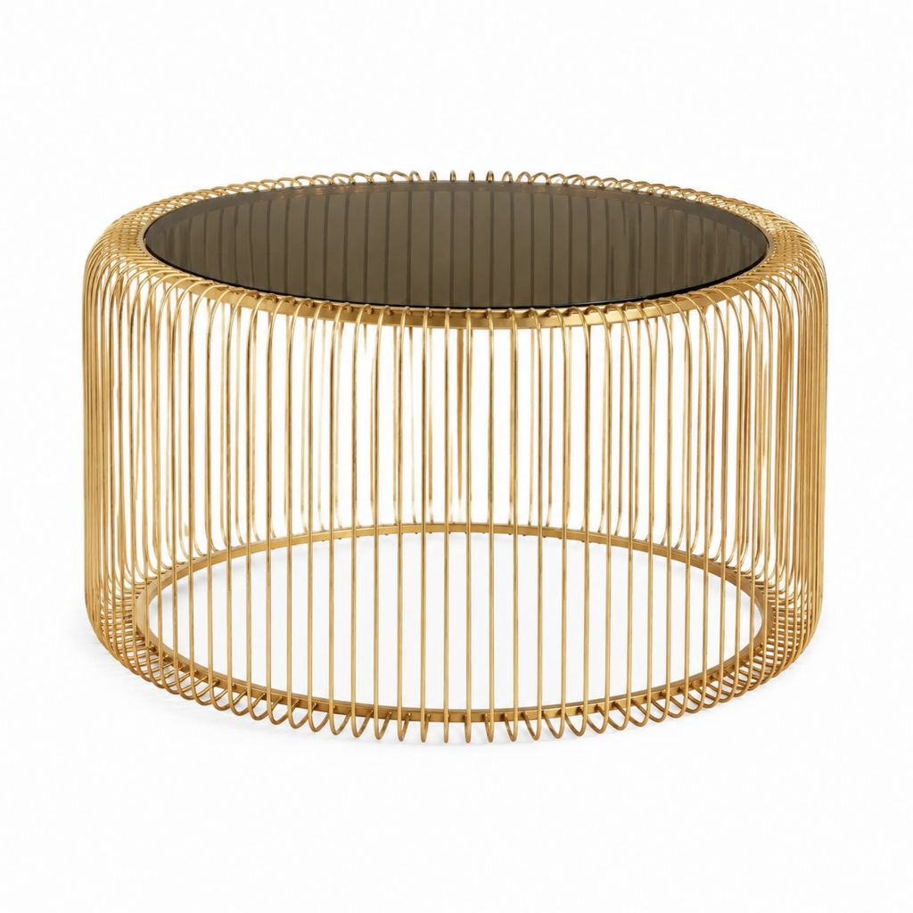 Tavolino da caffè rotondo oro in acciaio e vetro temperato fumé diametro 80 x 40 cm