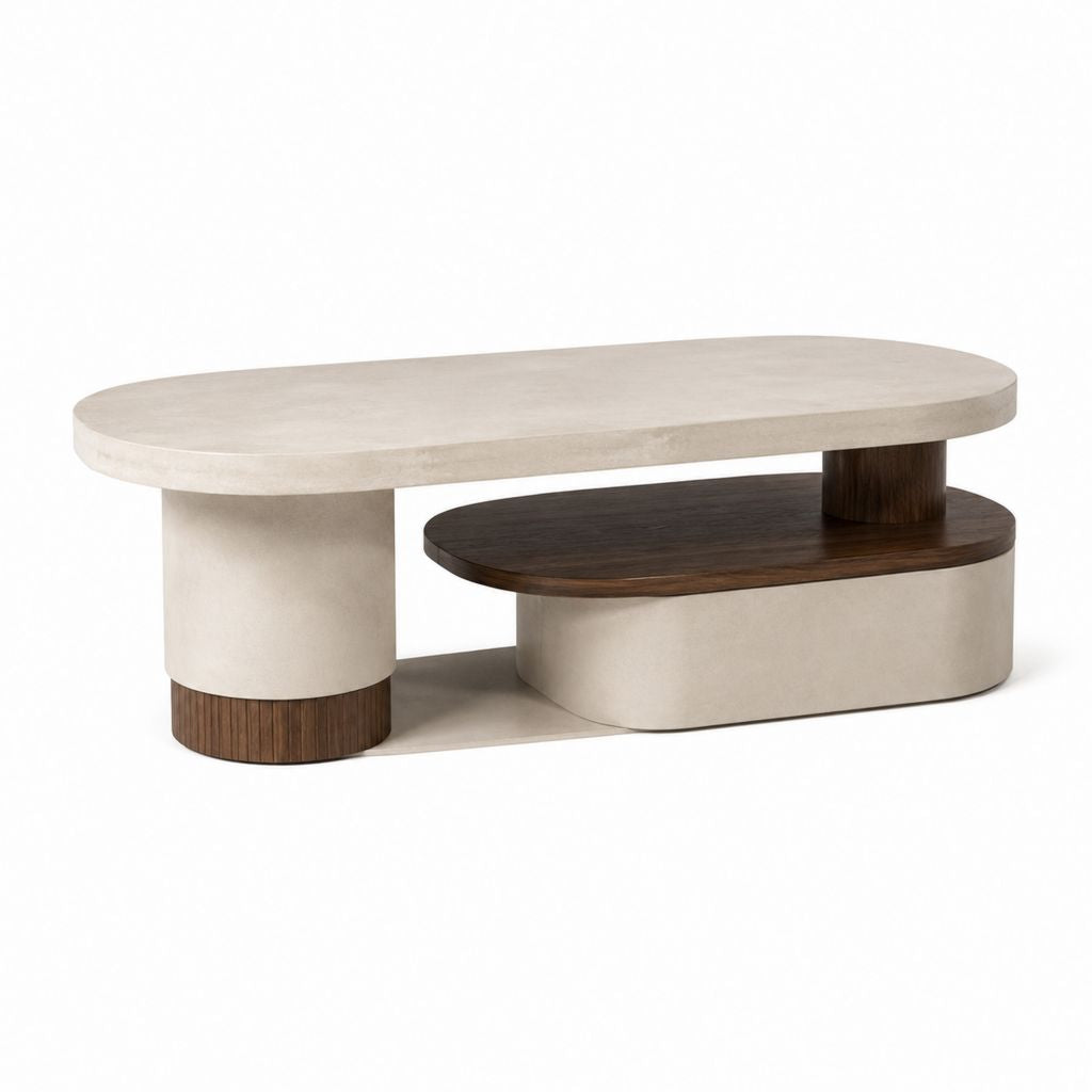 Tavolino da caffè ovale beige e noce in MDF impiallacciato 130 x 70 x 45 cm