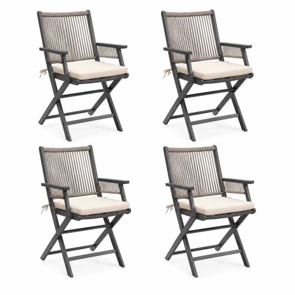 Set di 4 sedie da giardino pieghevoli nere in legno massello con corda e cuscini 56 x 61 x 86 cm