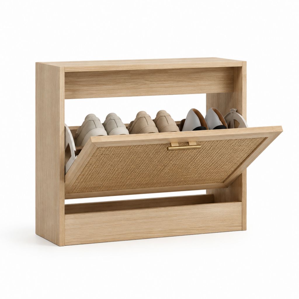 Scarpiera a ribalta rettangolare rovere chiaro in MDF e rattan 80 x 30 x 80 cm