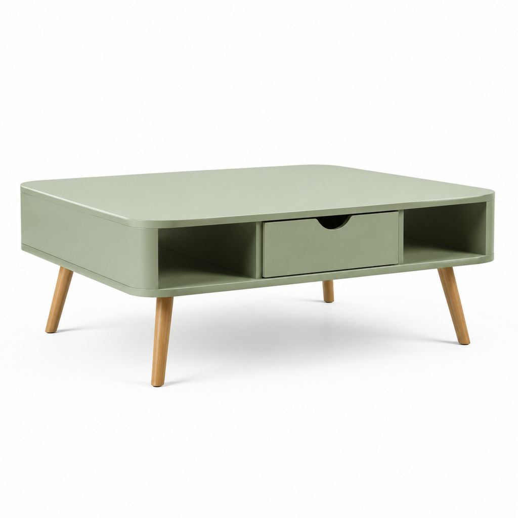 Tavolino da caffè con cassetto verde salvia in MDF e gambe in legno massello 100 x 50 x 45 cm