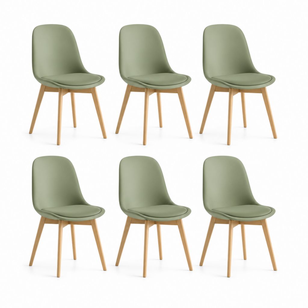 Set 6 sedie da pranzo verde salvia in poliuretano con gambe in legno massello 48 x 54 x 82 cm