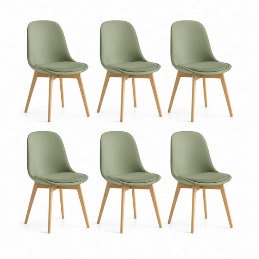 Set 6 sedie da pranzo verde salvia in poliuretano con gambe in legno massello 48 x 54 x 82 cm