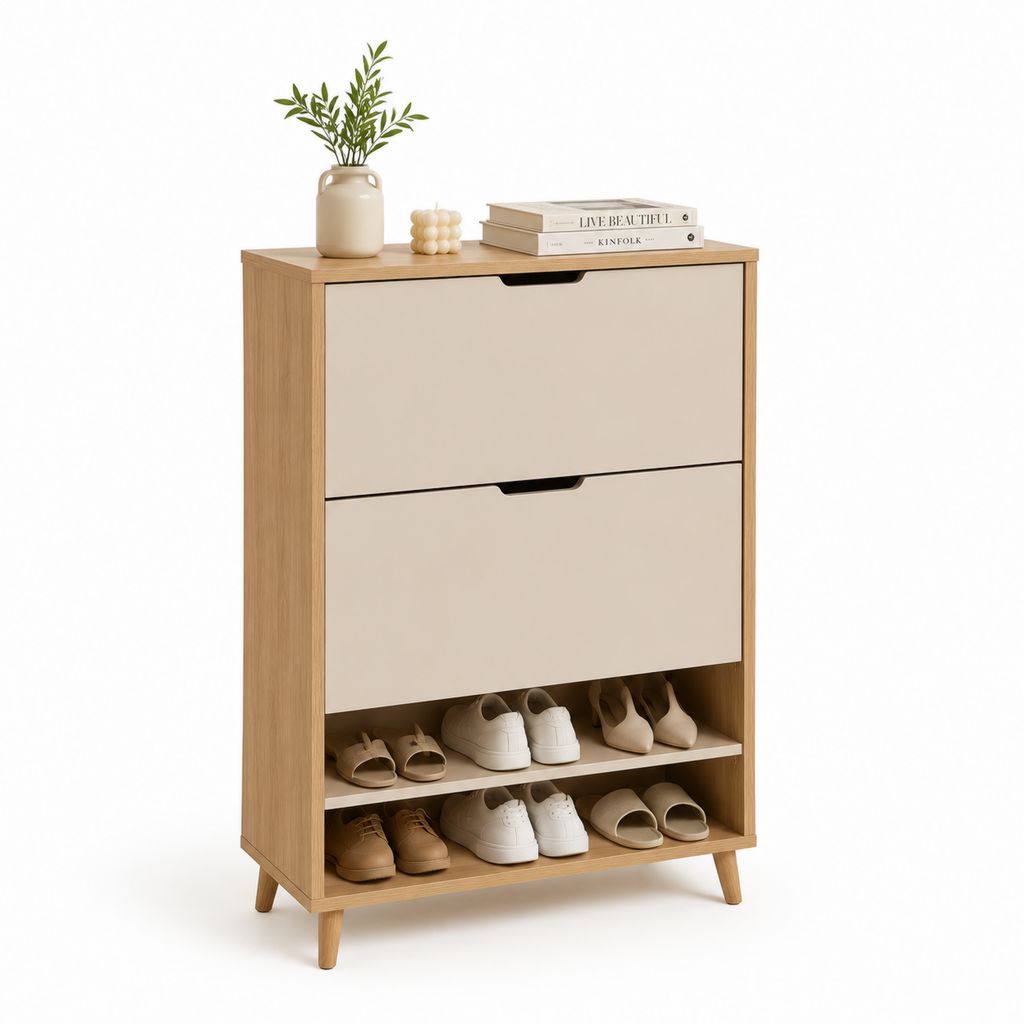 Scarpiera a ribalta 2 ante rovere naturale e beige in pannello truciolare 80 x 30 x 110 cm