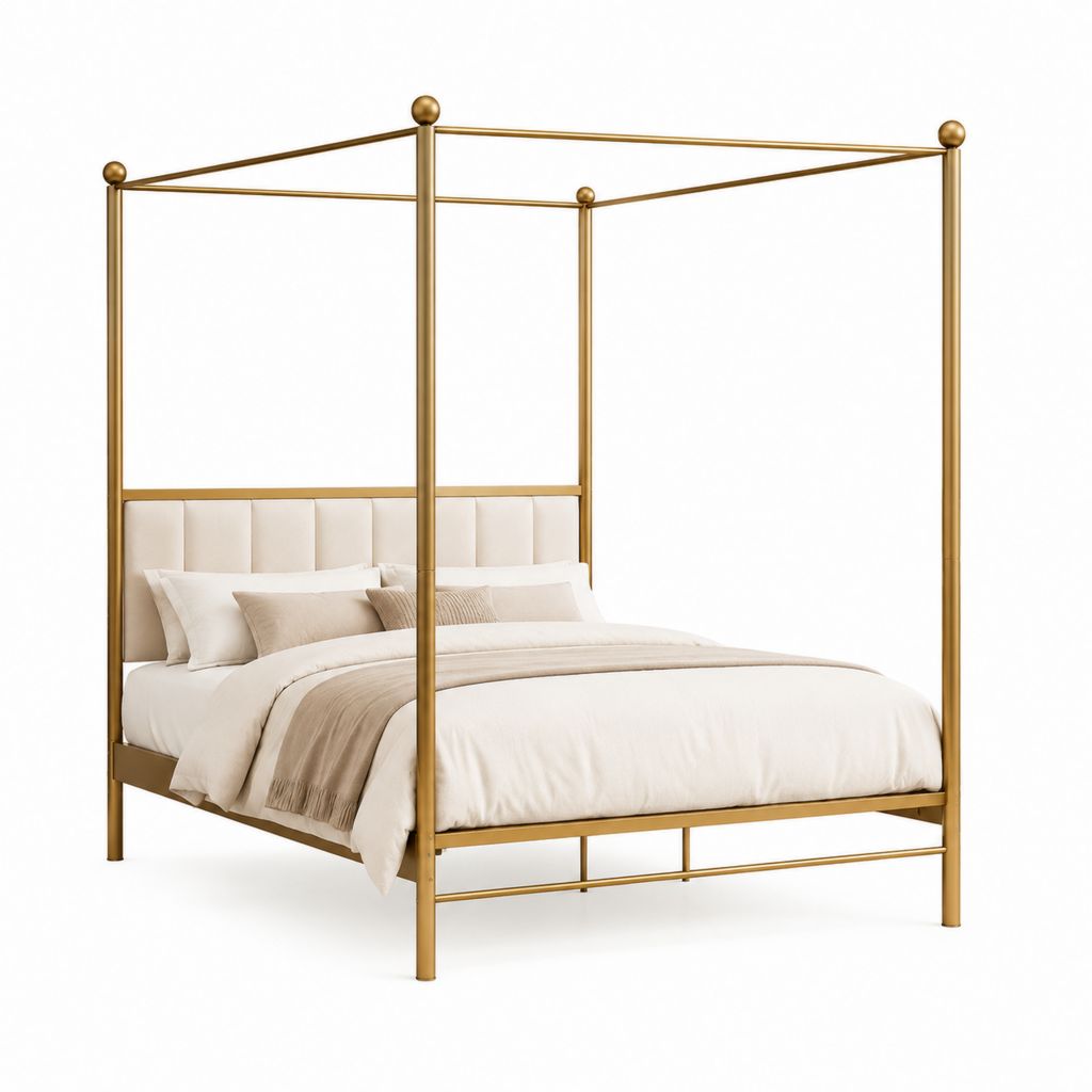 Letto a baldacchino matrimoniale oro in acciaio con testiera imbottita 160 x 200 cm
