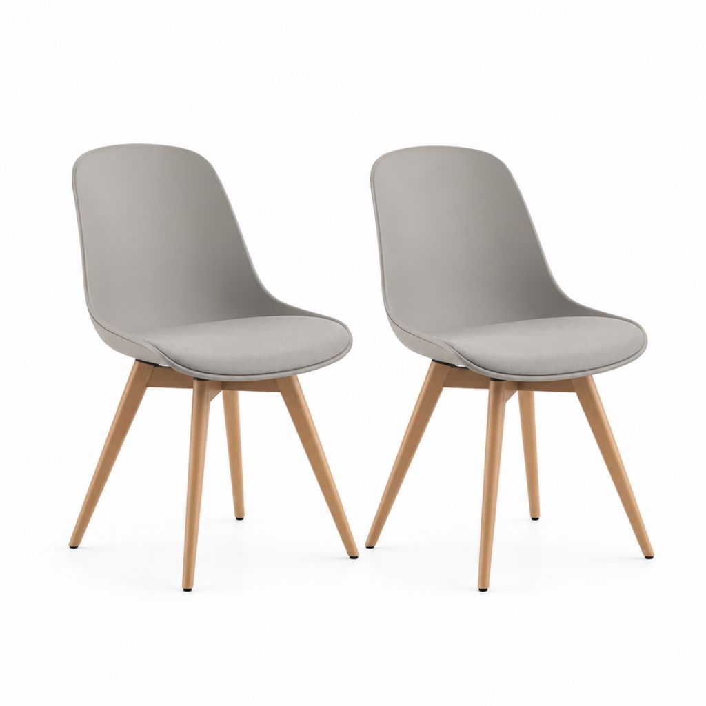 Set 2 sedie da pranzo grigio chiaro in PP con cuscino in poliestere e gambe in legno massello 48 x 54 x 82 cm