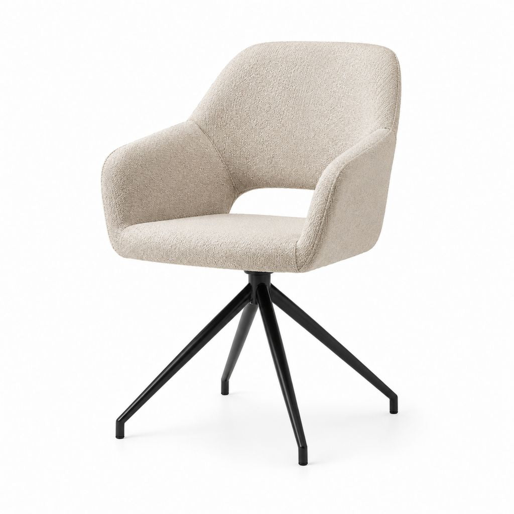 Sedia da pranzo girevole con braccioli beige in poliestere bouclé e acciaio 60 x 60 x 84 cm