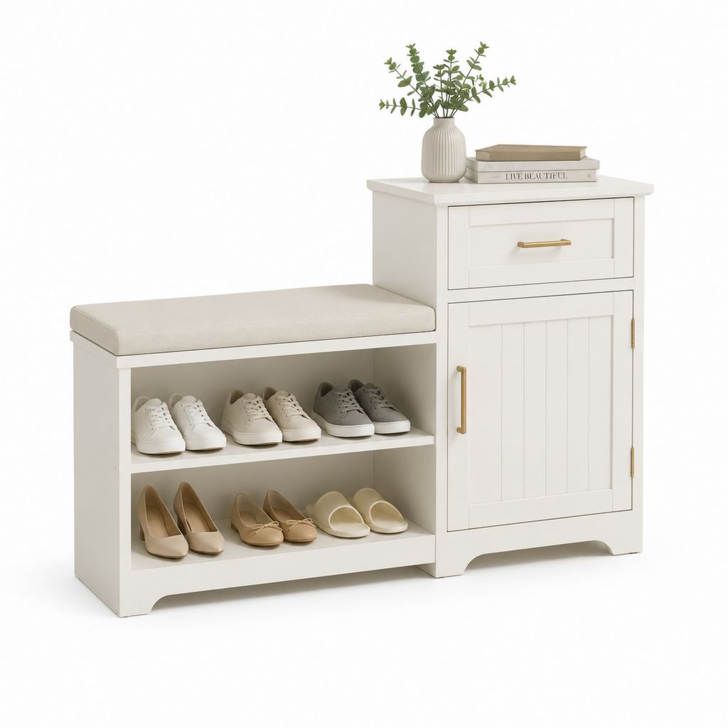 Scarpiera con panca imbottita bianca in MDF 100 x 35 x 90 cm