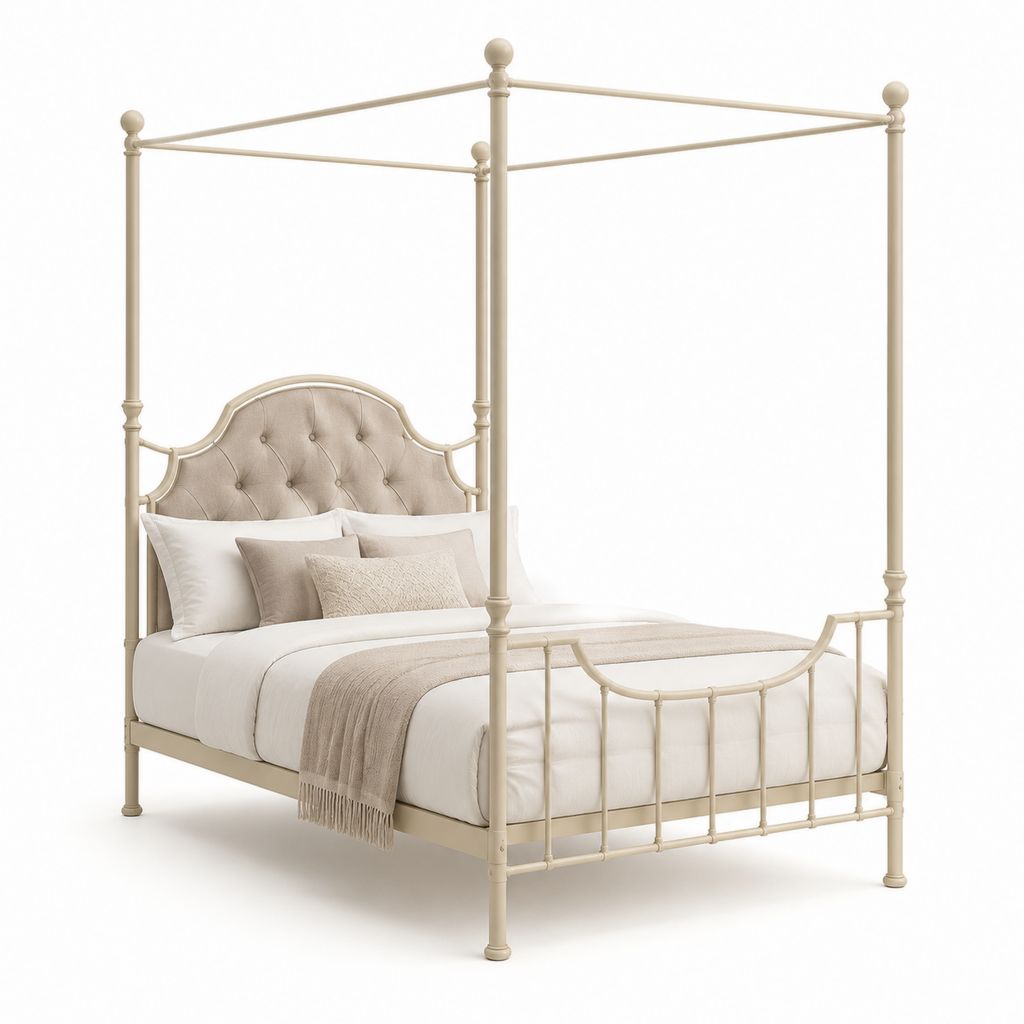 Letto a baldacchino matrimoniale avorio in acciaio con testiera imbottita 170 x 210 x 210 cm per materasso 160 x 200 cm